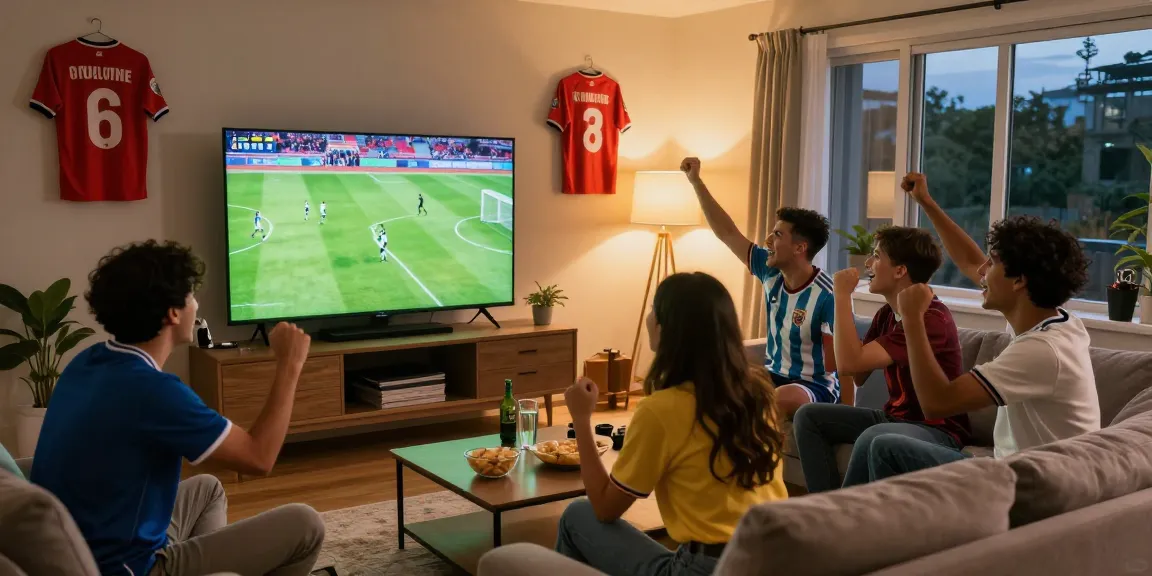 Watch here as friends celebrate during a live soccer match in a cozy living room.