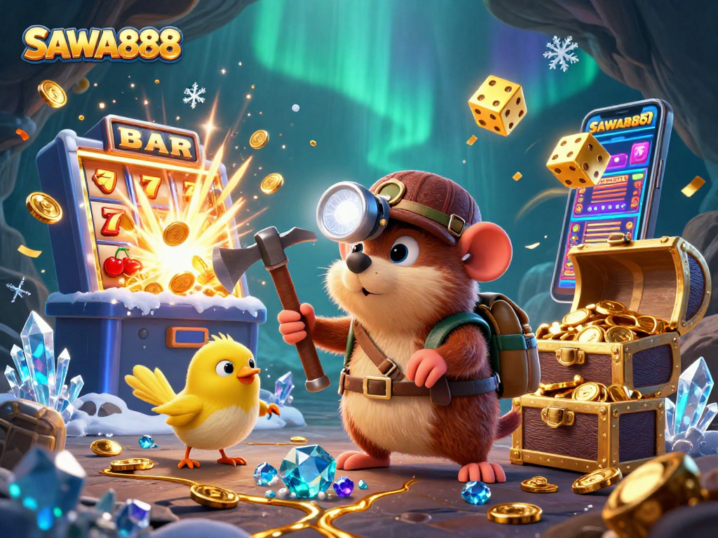 Experience the excitement of SAWA888 with a treasure hunter and casino-themed adventure in an enchanting cave.