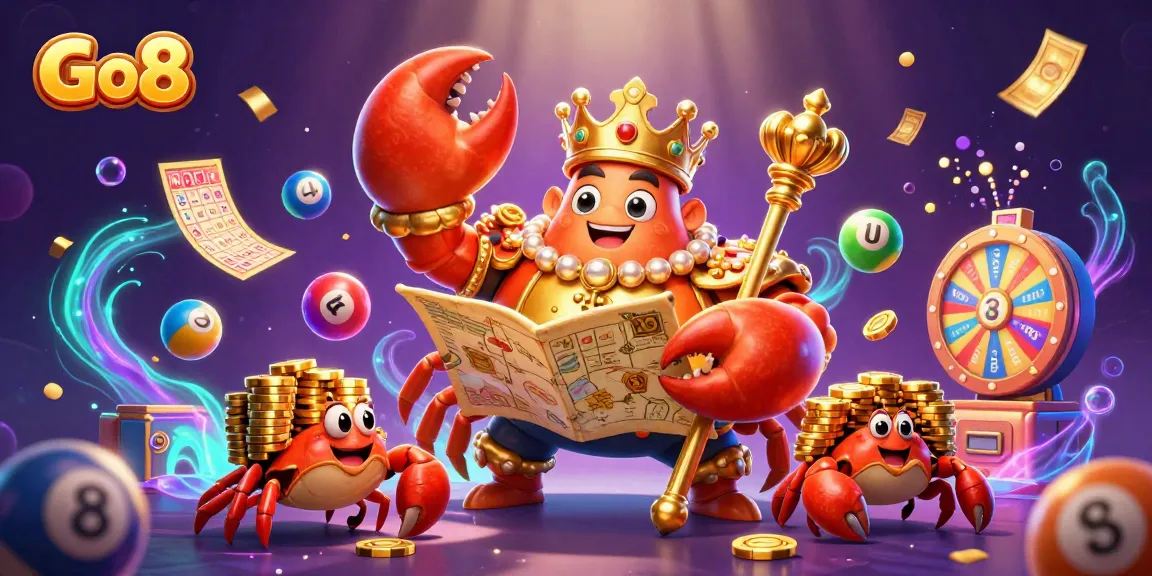 Engage with Go8's vibrant lottery theme featuring a golden crab emperor amidst riches and exciting games.