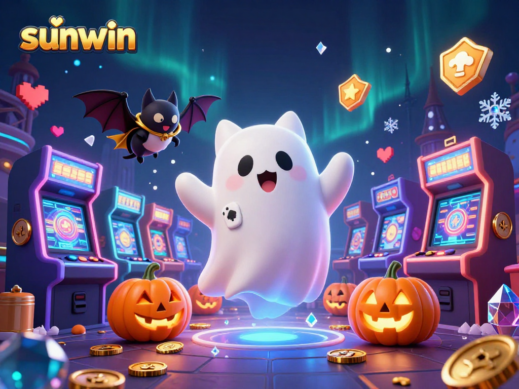 Play and win at sunwin in this captivating haunted casino scene with vibrant gaming elements.