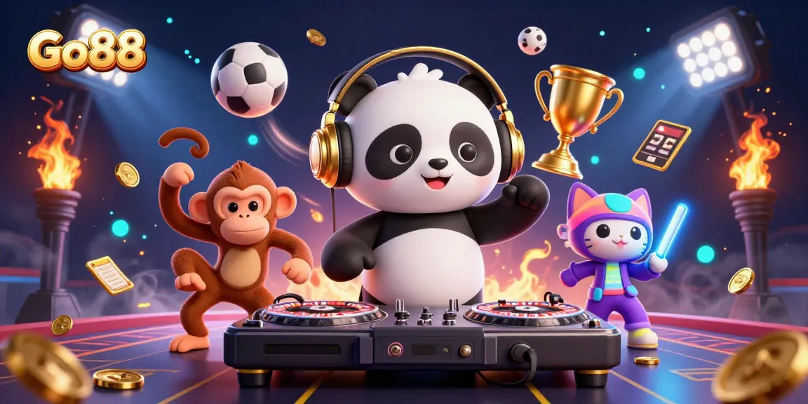 Celebrate with Go88 as a DJ panda spins, surrounded by sports balls and glowing gaming elements, creating a festive casino atmosphere.