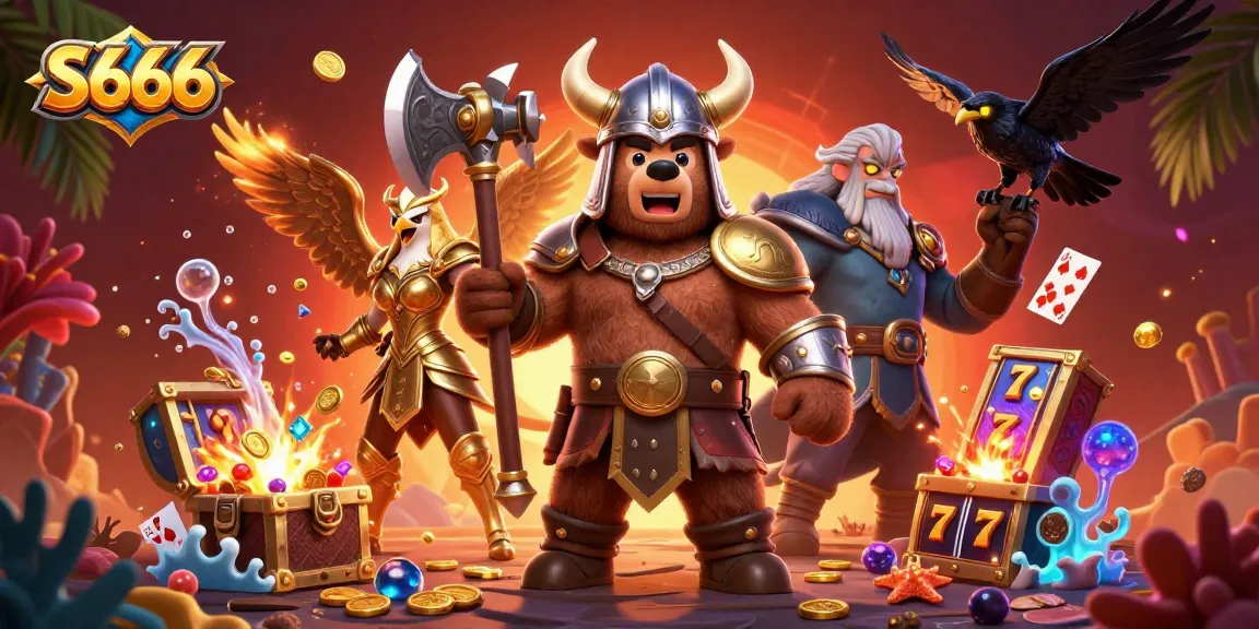 S666 offers engaging games amidst a vibrant scene featuring a Viking bear, Valkyrie eagle, and golden treasures.