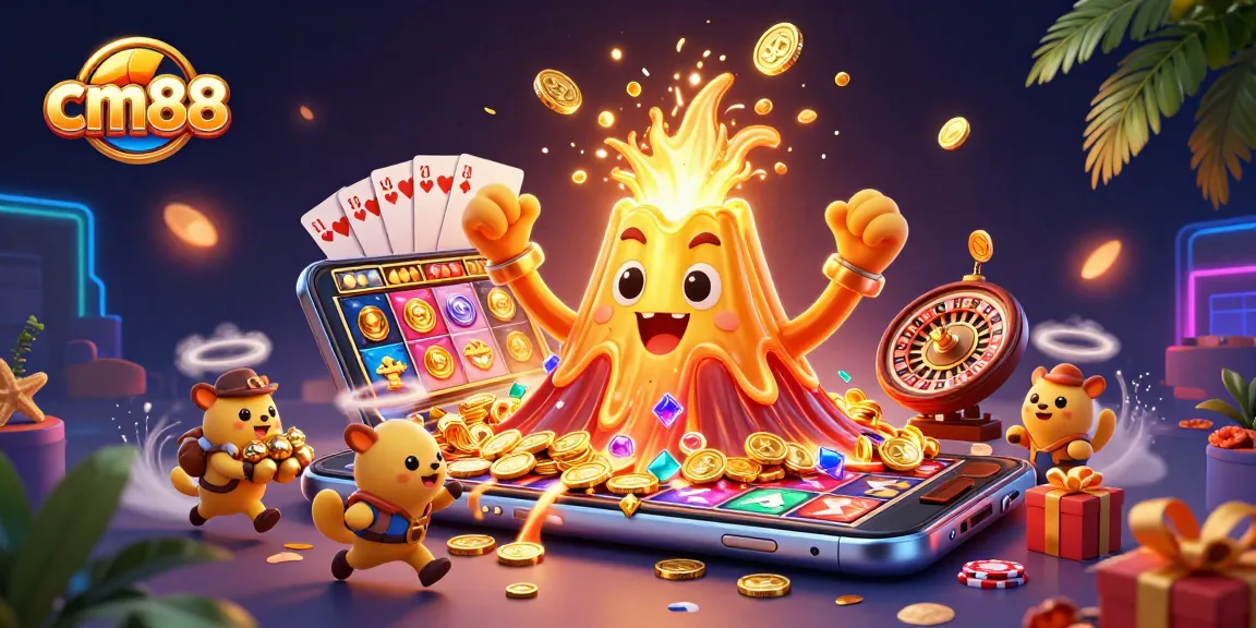 Spin slots and win with cm88 in a vibrant 3D casino scene bursting with treasures.
