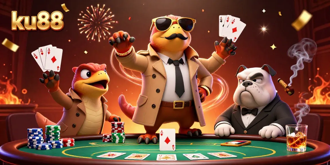 Experience the thrill of ku88 with 3D cartoon raptors attempting to enter a casino, set against a vibrant background.