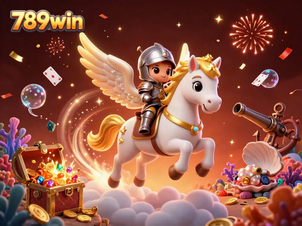 Bet on 789win with a celestial horse and knight amidst winning treasures and casino elements