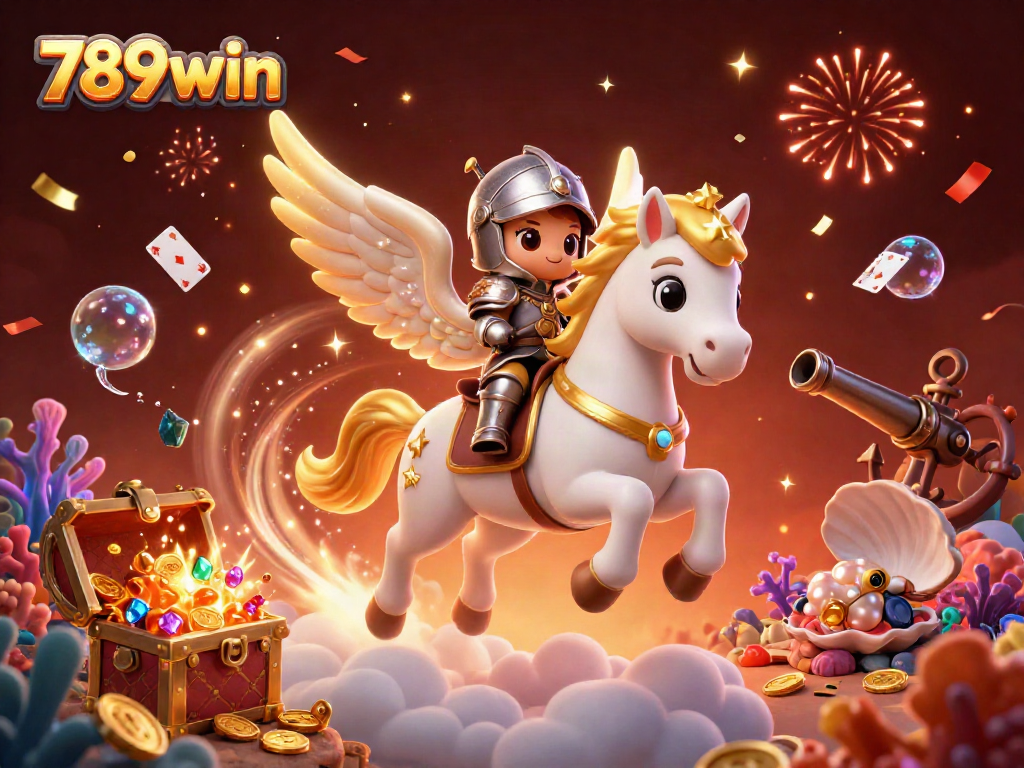 Bet on 789win with a celestial horse and knight amidst winning treasures and casino elements