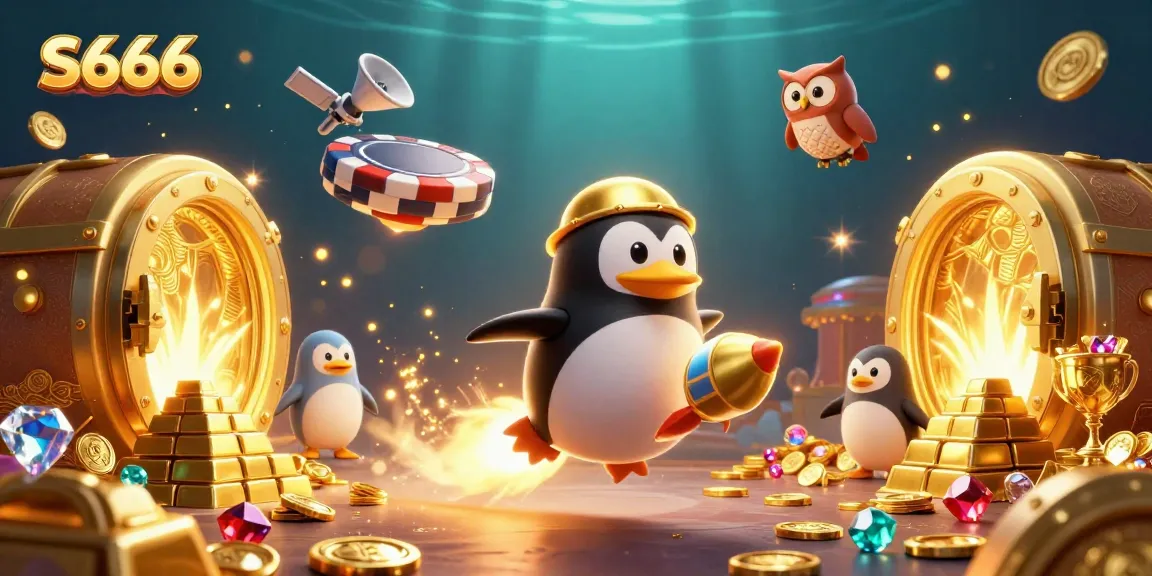 S666 casino adventure featuring a rocket-powered penguin and treasure elements amidst vibrant gaming imagery.