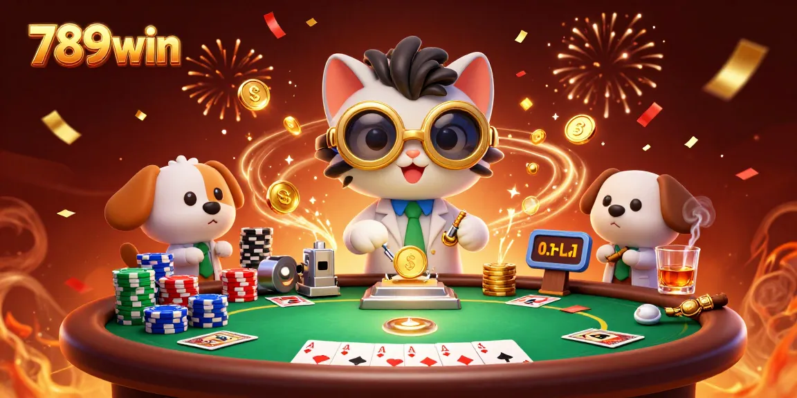 Engage with exciting gambling moments at 789win featuring a scientist cat and assistant dog in a vibrant casino.