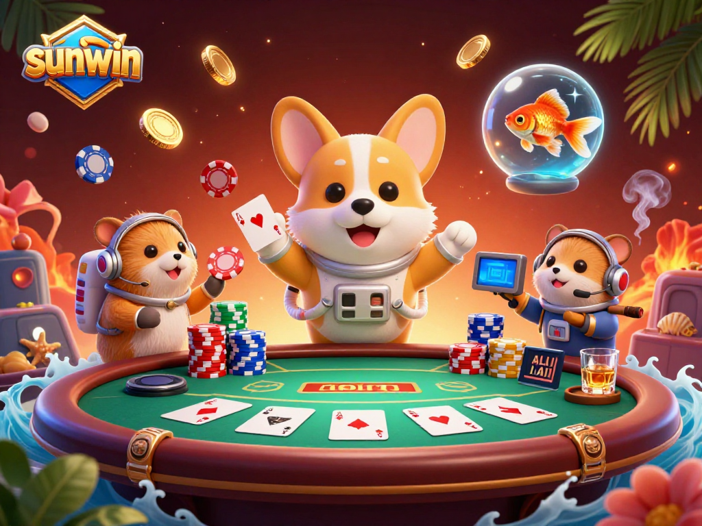 Immerse in sunwin's space casino with an astronaut corgi and poker elements in a vibrant scene.