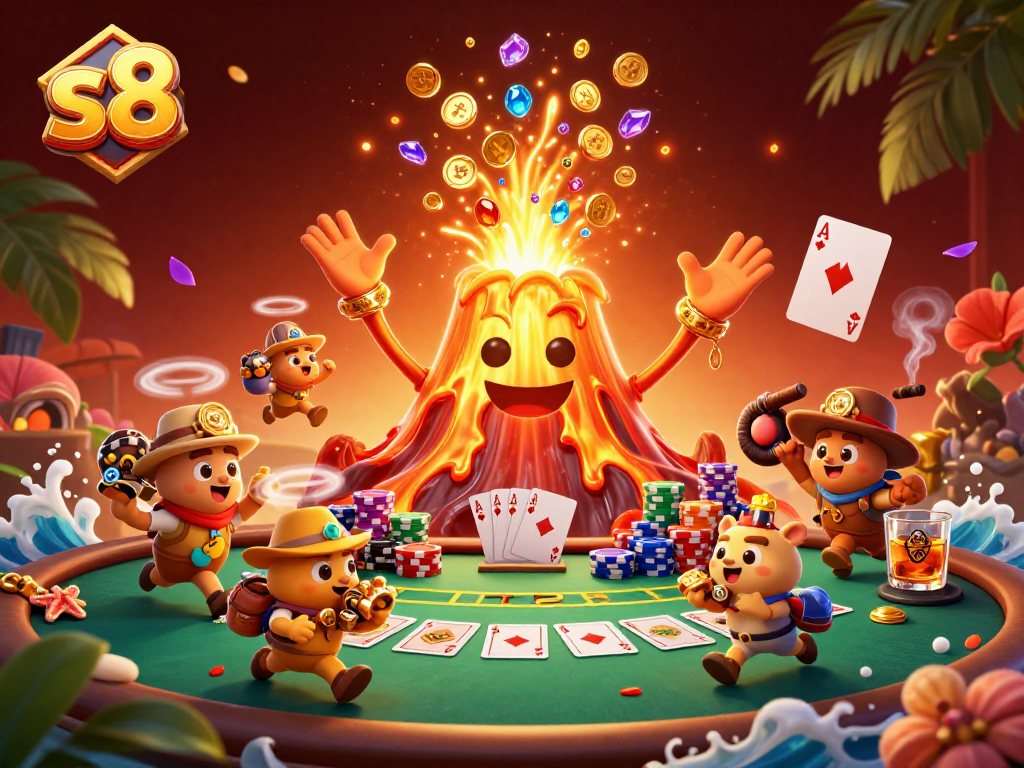 Experience thrilling poker action at s8 with a triumphant volcano and fleeing treasure hunters.