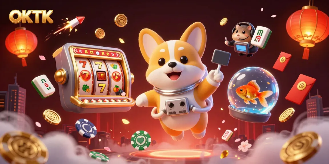 Engage in thrilling slots action with OKTK featuring a 3D astronaut corgi in a vibrant casino.
