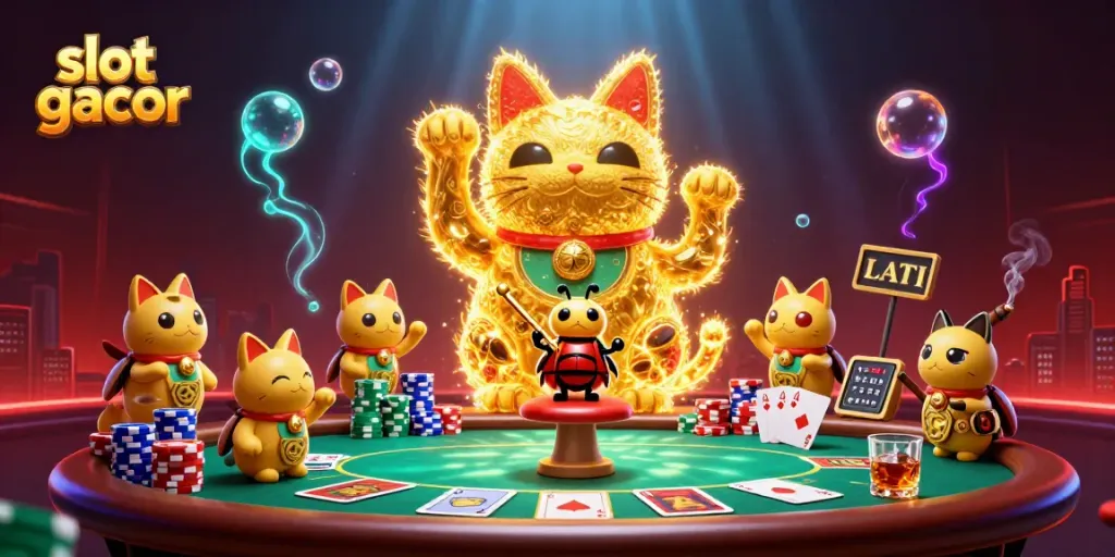 Experience slot gacor excitement with golden fireflies, a lucky cat, and vibrant casino elements.