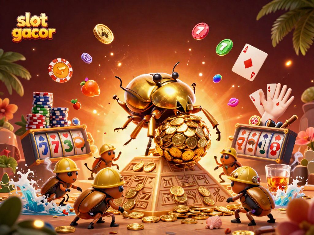 Engage with the slot gacor adventure featuring a golden beetle on a coin pyramid amidst vibrant casino elements.