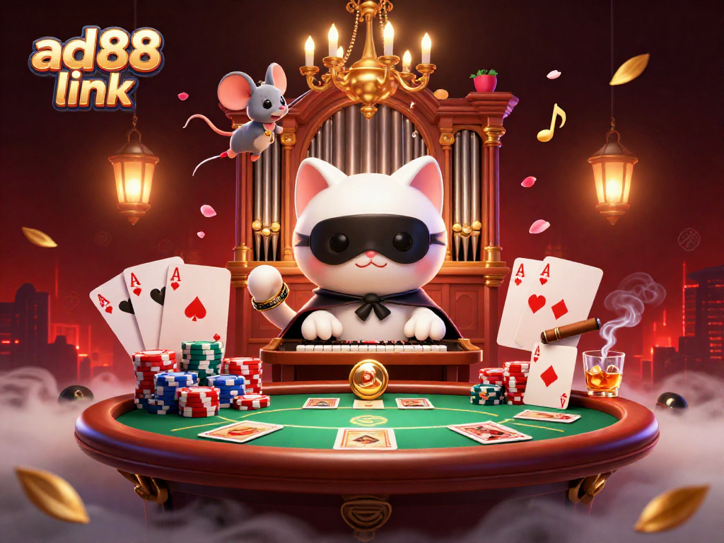 Engage with the ad88 link in a vibrant 3D casino scene showcasing lively poker elements.