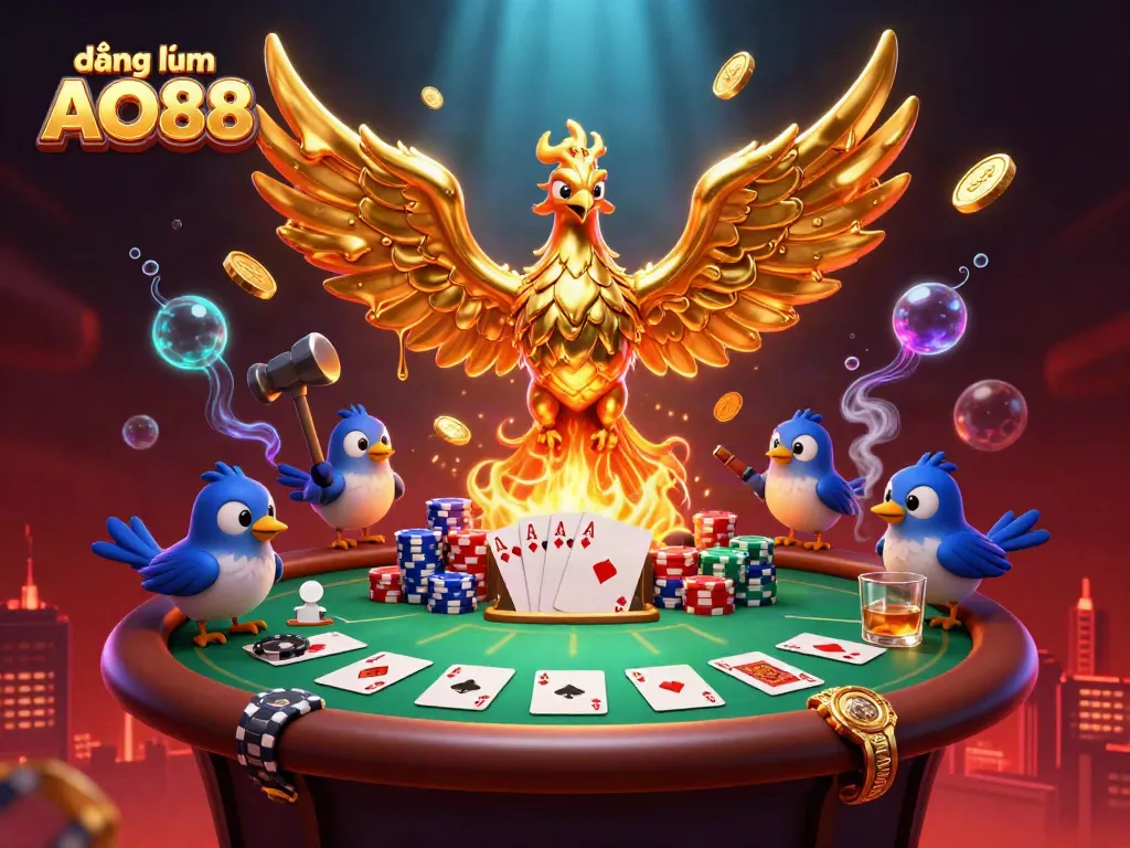 Join the excitement at đăng nhập AO88 with a dynamic casino scene featuring a molten golden phoenix and poker elements.