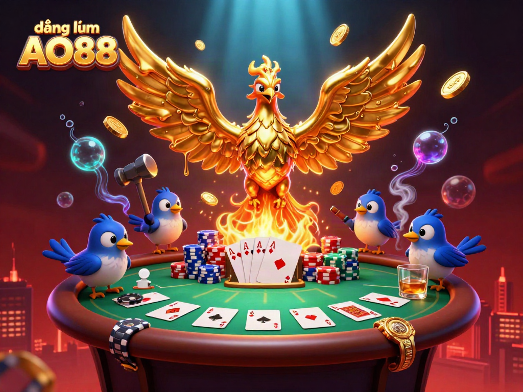 Join the excitement at đăng nhập AO88 with a dynamic casino scene featuring a molten golden phoenix and poker elements.