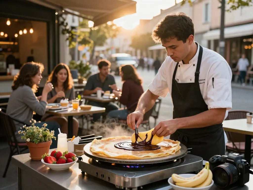 Delicious crepes with dark chocolate made fresh at https://dcrepes.org in a cozy outdoor café.