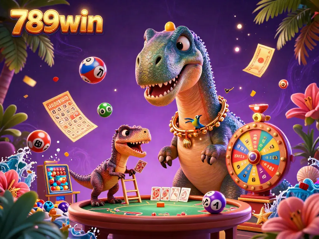 Experience the vibrant world of 789win with dynamic lottery elements and a whimsical casino scene.