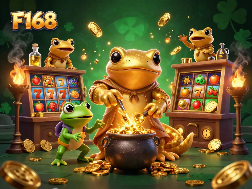Experience thrilling gaming with F168's vibrant casino scene featuring a dynamic alchemist and gold elements.