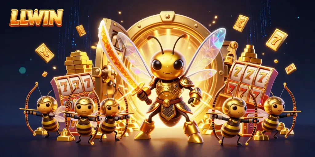 LLWIN showcases an intricate 3D casino scene with a samurai hornet and game elements conveying excitement in online gambling.
