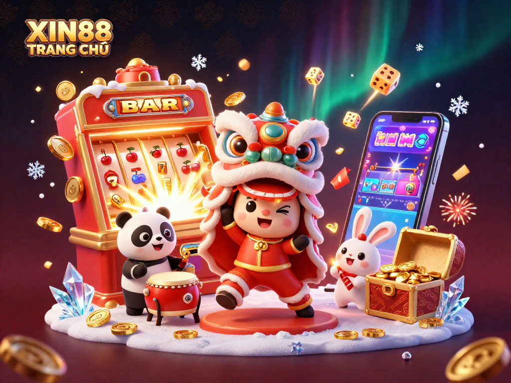 XIN88 TRANG CHỦ showcases a festive 3D illustration featuring vibrant Chinese New Year characters amidst casino elements.