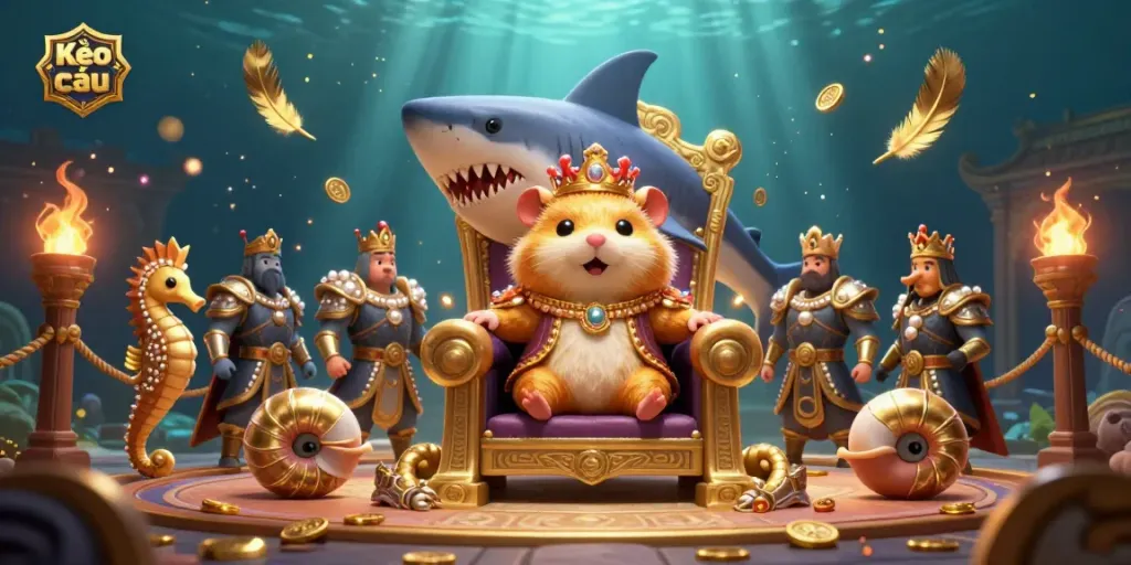 Kèo nhà cái showcases the fierce golden hamster king on a megalodon throne in an underwater gambling arena.