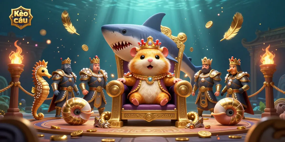 Kèo nhà cái showcases the fierce golden hamster king on a megalodon throne in an underwater gambling arena.