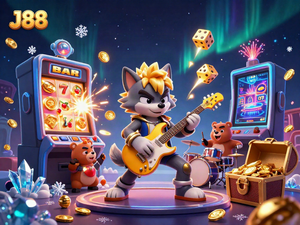 J88 casino scene with a rock star wolf and a drummer bear celebrating a jackpot explosion.