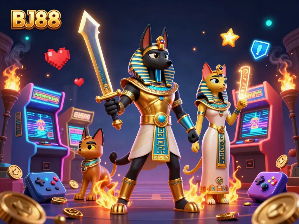 BJ88 showcases a vivid 3D illustration of ancient Egyptian warriors amidst vibrant casino elements, emphasizing gaming excitement.