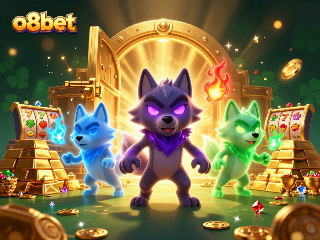 Play exciting slots at o8bet with 3D wolves, treasure, and vibrant casino elements.