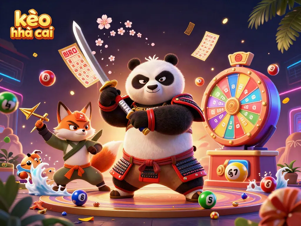 Experience the thrill of kèo nhà cái with a vibrant 3D illustration featuring a samurai panda and ninja fox.
