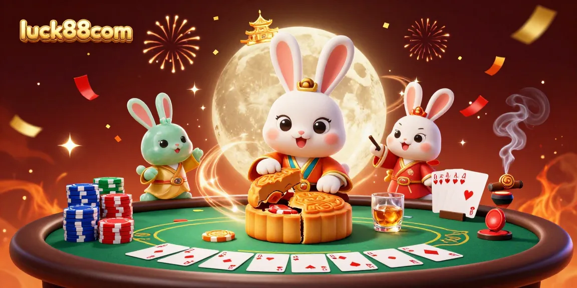 Win big with luck88com in this vibrant poker scene featuring a moon rabbit and jackpot elements.