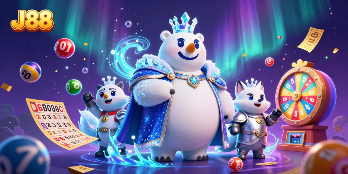 Engage in thrilling games with J88, featuring an ice king polar bear and a snow fox in a vibrant casino scene.