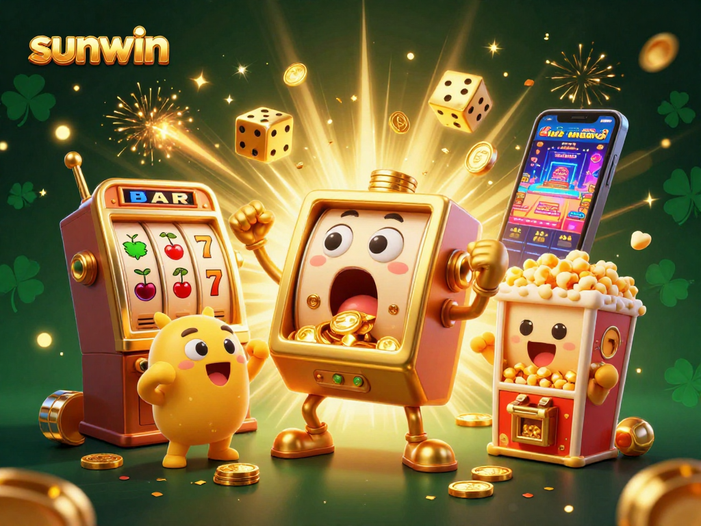 Experience the excitement of sunwin with golden slot machines hitting jackpots, coins flying, and vibrant casino elements!