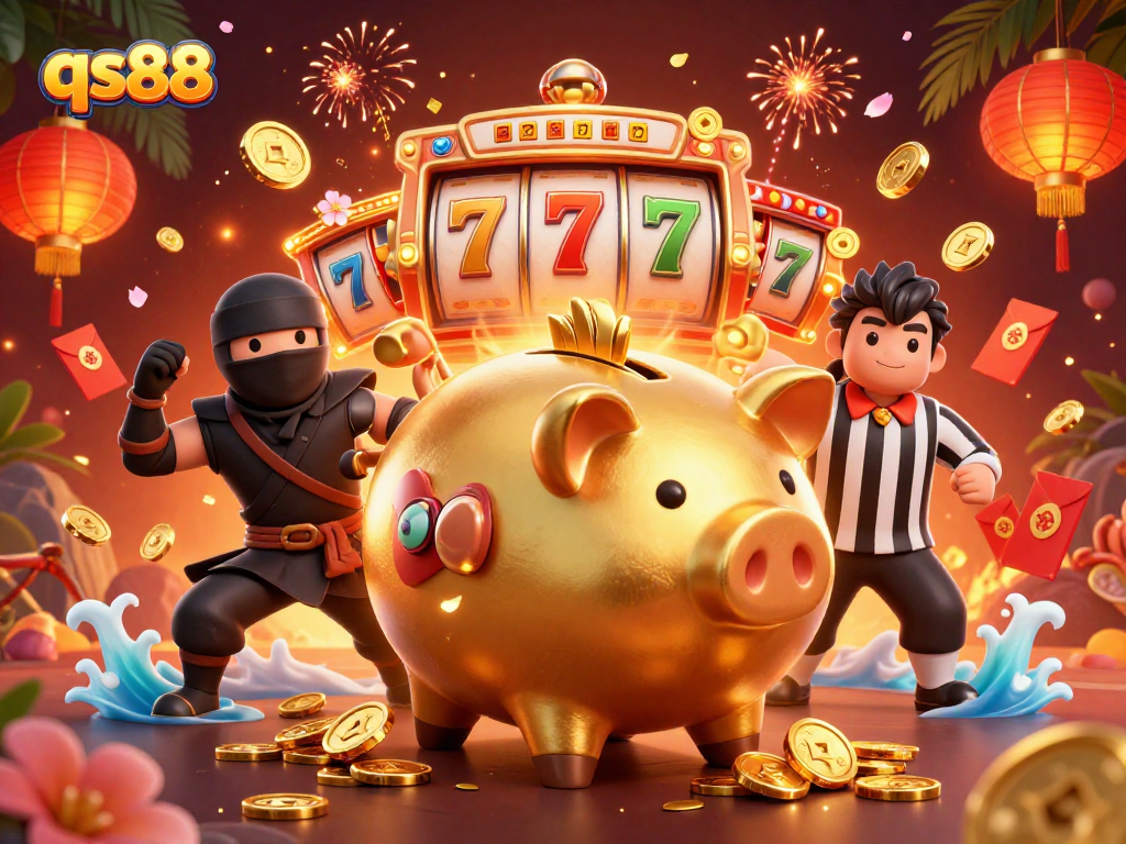 Experience thrilling slots gameplay at qs88 with golden piggy bank sumo wrestler and dynamic casino elements.