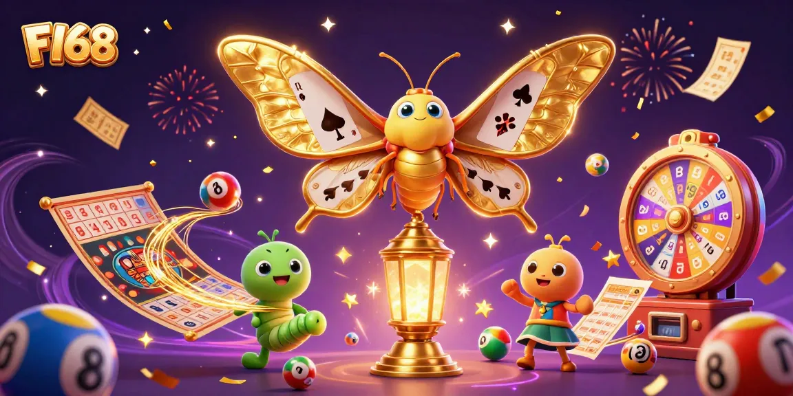 F168 online casino illustration featuring vibrant lottery elements and a majestic moth with golden wings.