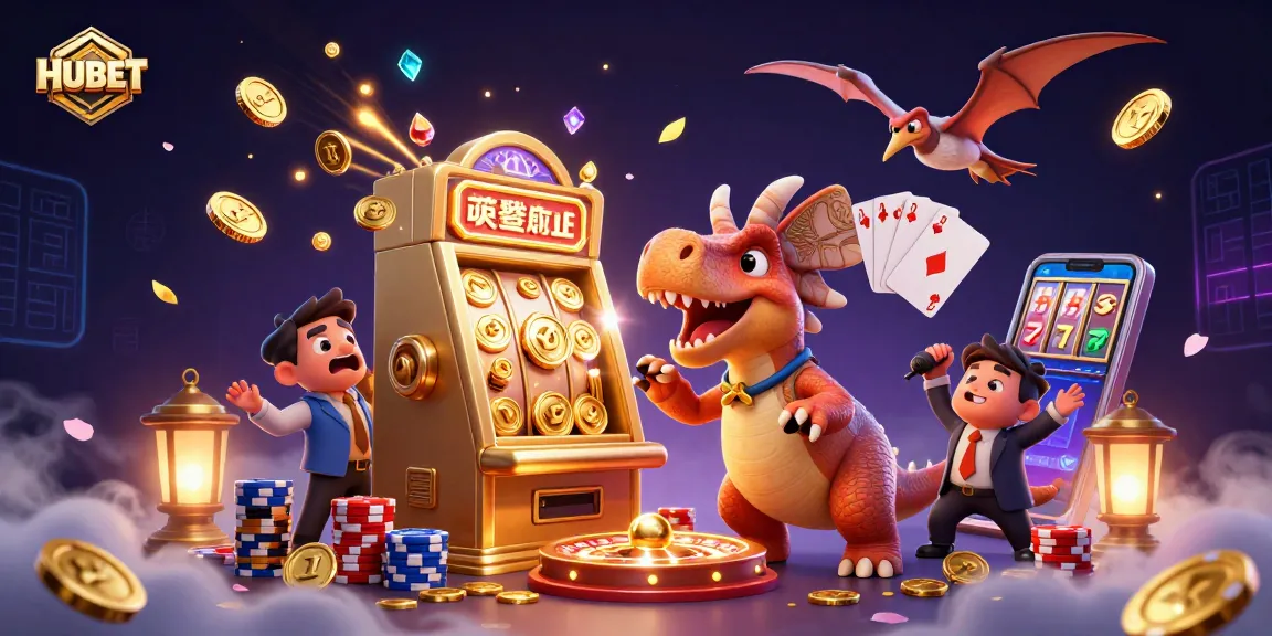 Experience thrilling wins at HUBET with a dinosaur-themed casino scene featuring jackpot coins.
