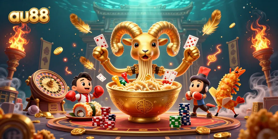Engage in thrilling casino action with au88's vibrant 3D scene featuring animated food characters showcasing gaming elements.