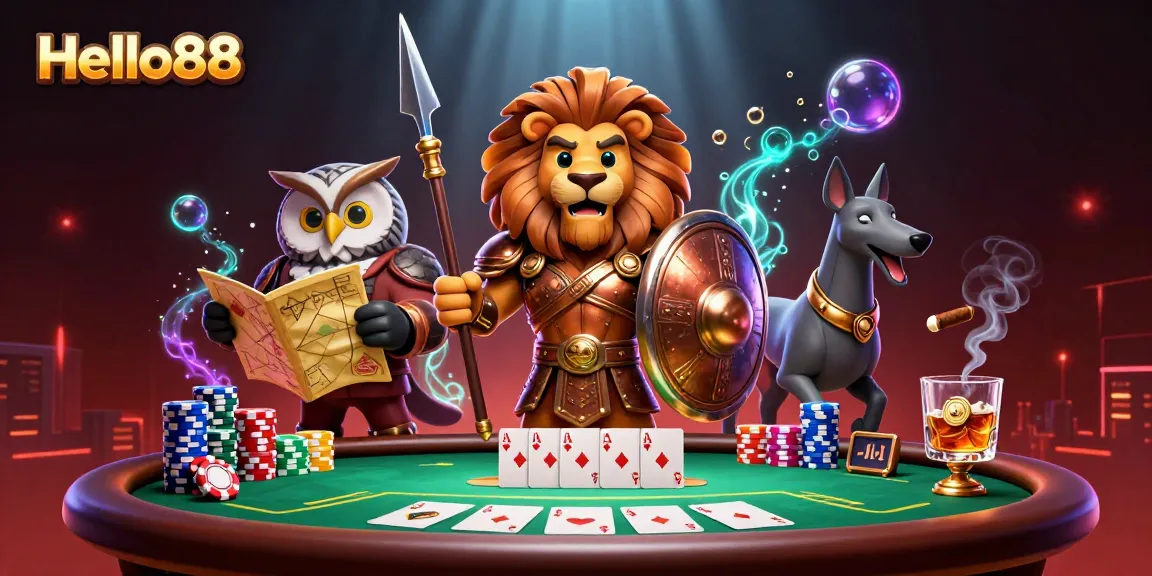Engage with Hello88's vibrant casino scene featuring a Spartan lion and poker elements.