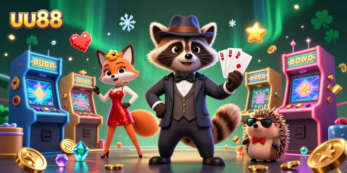 Play games at uu88 with vibrant scenes of raccoon, fox, and hedgehog characters enjoying casino fun.