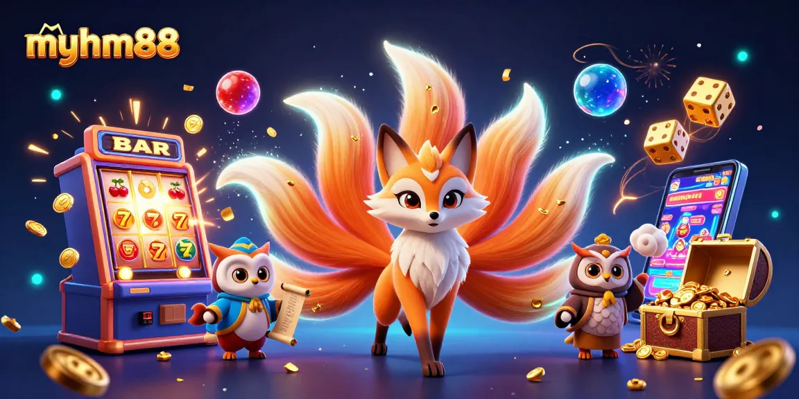 Experience the excitement of myhm88 with a vibrant 3D scene showcasing a nine-tailed fox and thrilling casino elements.