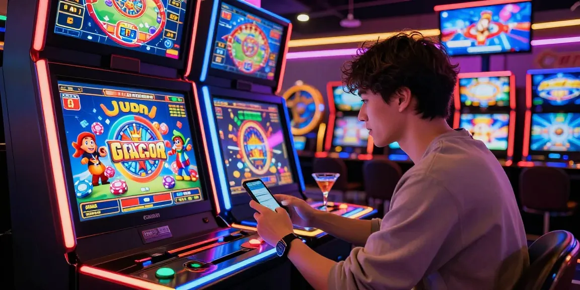 Player enjoying judi slot gacor in a vibrant casino atmosphere with animated slots and colorful decor.
