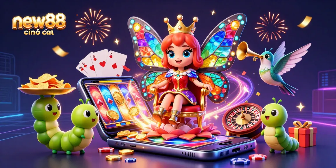 Engage with new88 chính thức in a vibrant 3D casino scene filled with games and excitement.